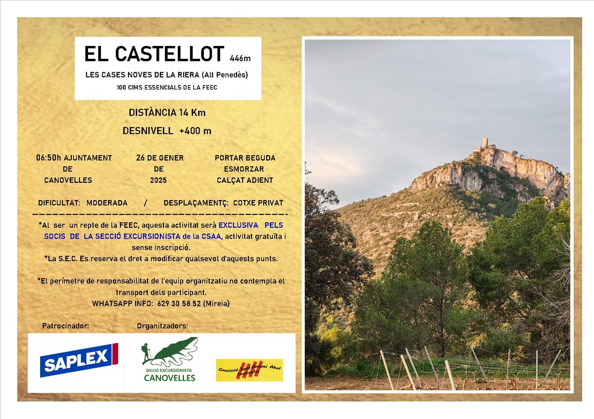 La primera sortida, ens durà a El Castellot que és una muntanya de 446 metres que es troba al municipi de Castellví de la Marca, a la comarca de l'Alt Penedès. La torre del segle x ha estat restaurada el 2021. Som-hi! <a href="/lacomi/">comissió sant antoni</a>