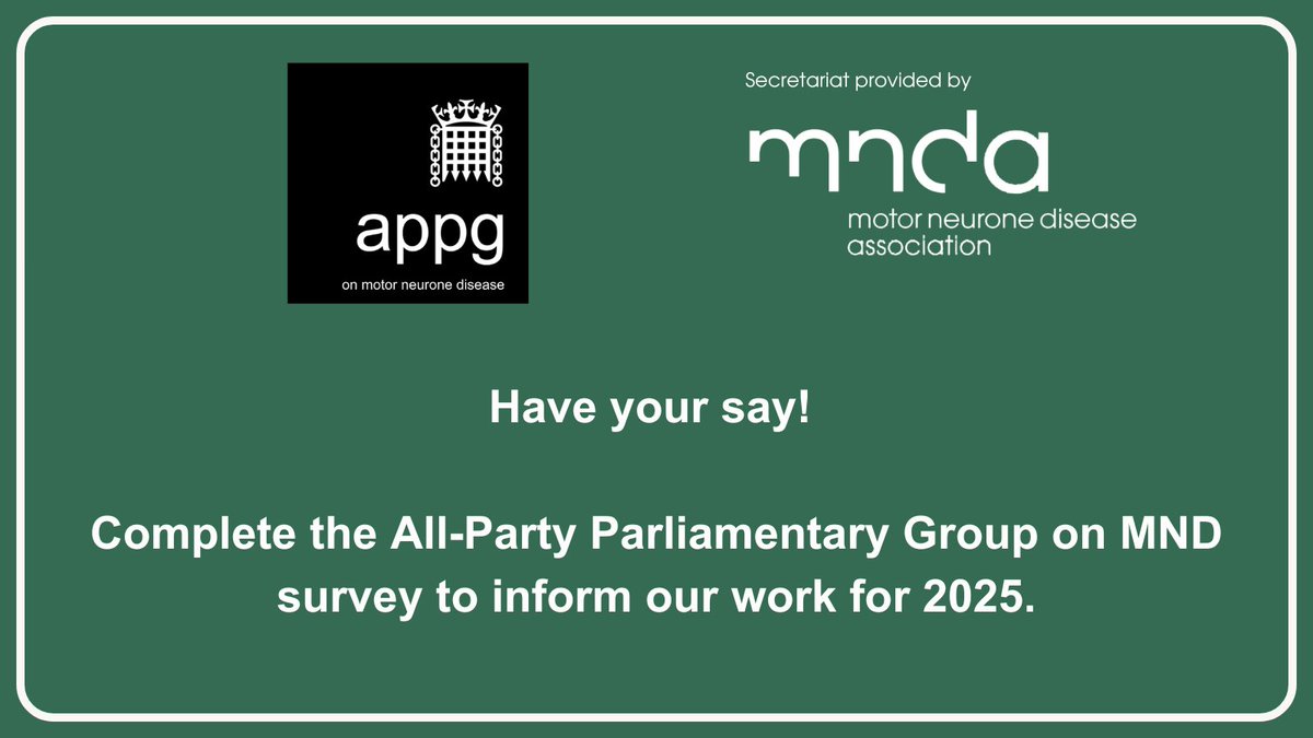 💬 Are you living with, caring for, or affected by #MND? 

The APPG on Motor Neurone Disease wants to hear from you!

Take a moment to complete this quick survey and share your thoughts: smartsurvey.co.uk/s/APPGsoc/

Please share widely!