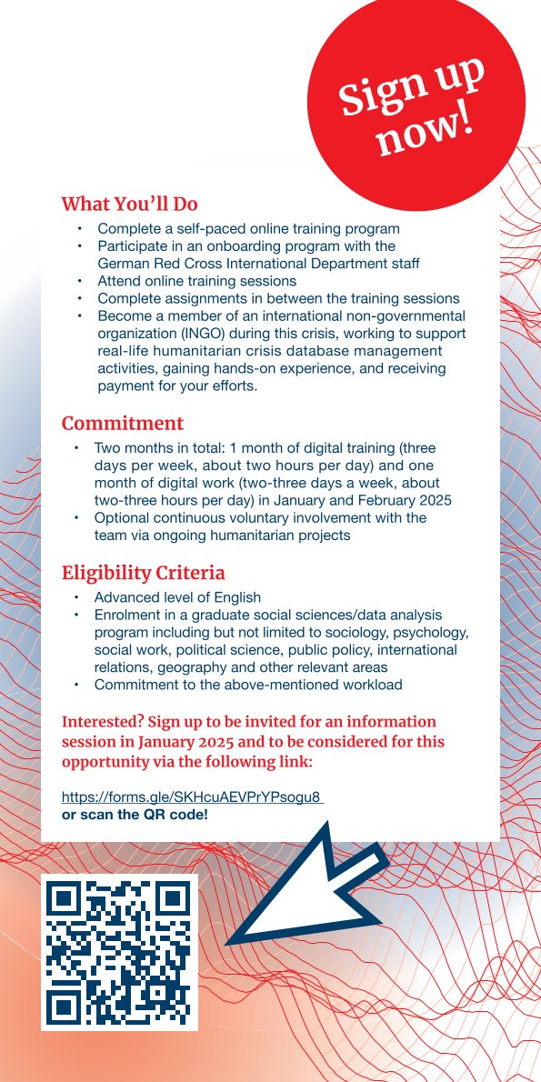 GIScienceHD + HeiGIT (@gisciencehd) on Twitter photo ❗Training alert: how to become a Humanitarian Data Analyst❗
▫️ Would you like to help humanitarian work?
▫️ Are you a student in social sciences or data analysis?
Check out this training program by <a href="/roteskreuz_de/">Deutsches Rotes Kreuz</a> 👇
Info session:
📅 January 16
📍Berliner Str. 48, Heidelberg ❗Training alert: how to become a Humanitarian Data Analyst❗
▫️ Would you like to help humanitarian work?
▫️ Are you a student in social sciences or data analysis?
Check out this training program by <a href="/roteskreuz_de/">Deutsches Rotes Kreuz</a> 👇
Info session:
📅 January 16
📍Berliner Str. 48, Heidelberg