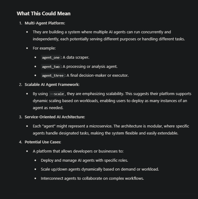 SultanofStacks's tweet image. This is what ChatGPT says about the $ALCH team tweet that contains: &quot;docker-compose up --scale agent_one=3 --scale agent_two=2 --scale agent_three=1&quot;

It&apos;s already the most powerful no-code app builder. Now this!  This is going to put ALCH on another level #Machina