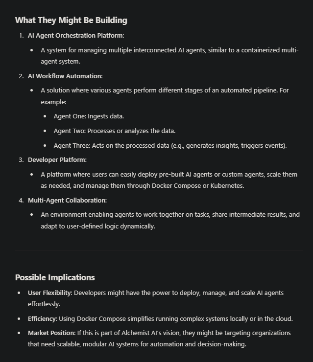 SultanofStacks's tweet image. This is what ChatGPT says about the $ALCH team tweet that contains: &quot;docker-compose up --scale agent_one=3 --scale agent_two=2 --scale agent_three=1&quot;

It&apos;s already the most powerful no-code app builder. Now this!  This is going to put ALCH on another level #Machina