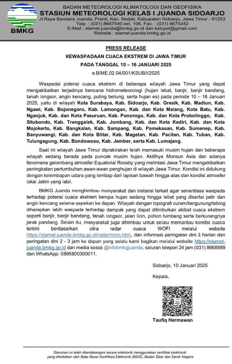 Press Release Kewaspadaan Cuaca Ekstrem wilayah Jawa Timur periode 10-16 Januari 2025