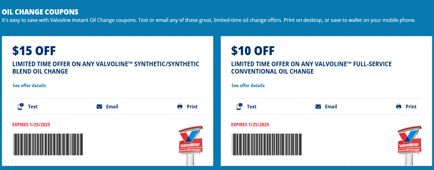 Valvoline 19.99 oil change coupon discount