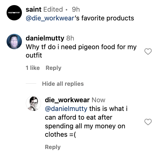 dieworkwear's tweet photo. a fashion instagram account asked me what are my ten favorite products. i name things like pigeon food and cat water fountain. apparently one of the least popular features they've done. https://t.co/yZggj8ISy3