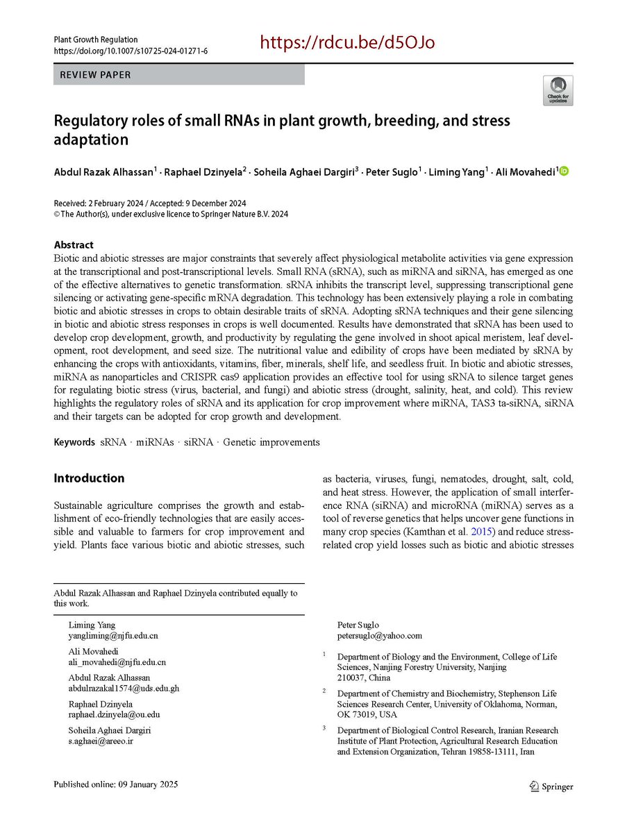 I am thrilled to introduce the current published paper as #SmallRNAs regulate #plantgrowth, #stressresponse, and #breeding advancements.

doi.org/10.1007/s10725…