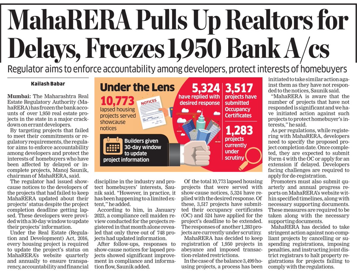 KailashBabar_'s tweet image. #Maharashtra #RealEstate Regulatory #Authority  cracks down on errant #builders, freezes 1,950 projects’ #bank accounts
economictimes.indiatimes.com/industry/servi… @EconomicTimes #MahaRERA #Homebuyers #Housing #Property #Regulation #Realty