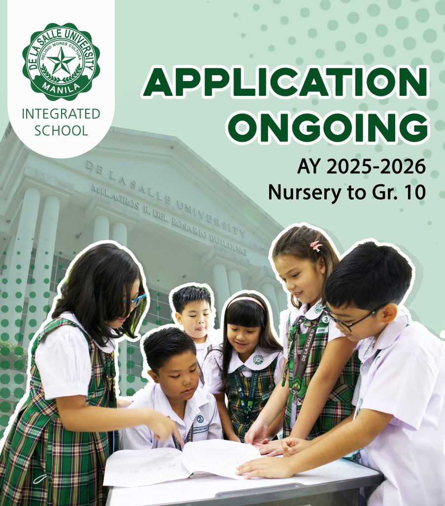 Application period for the De La Salle University Integrated School (preschool, grade school, and junior high school) for Academic Year 2025-2026 is now open!

Secure your spot by applying through the link below:
dlsu.edu.ph/integrated-sch…