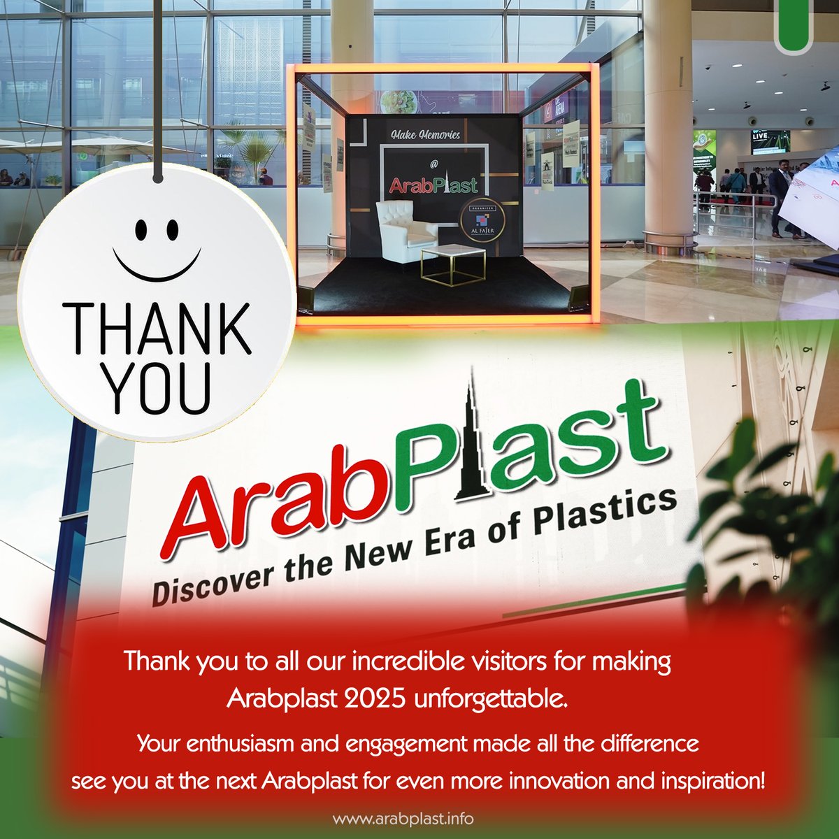 A heartfelt thank you to all our incredible visitors for making ArabPlast 2025 an event to remember!
Your enthusiasm and engagement brought life to this year's event and made it truly special.

 arabplast.info

#ArabPlast2025 #ThankYouExhibitors #IndustryInnovation