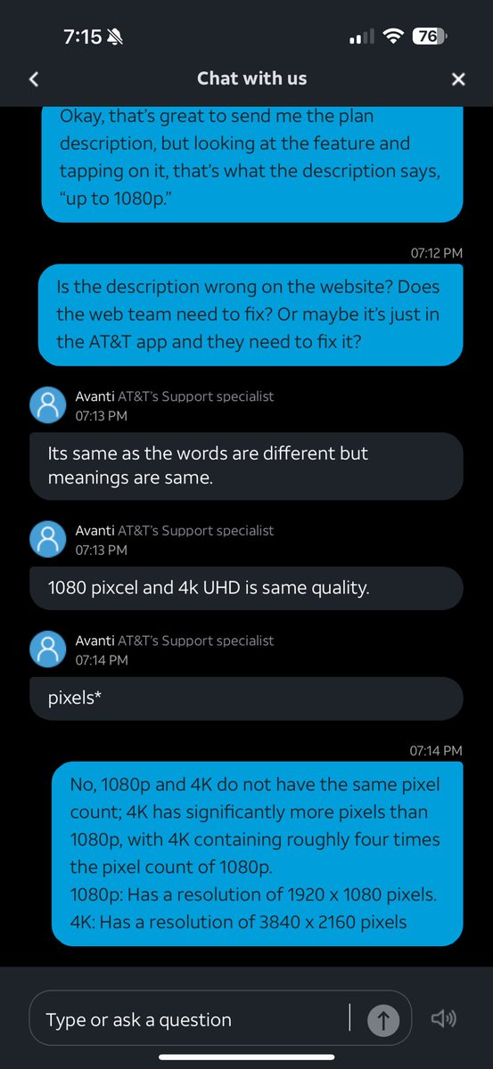 Cimagery02's tweet photo. @ATT I just had the most frustrating conversation with a chat rep for about 20 mins. Why does your description say “up to 1080p” but is labeled 4K UHD? Also, why would you turn on video management by default on premium unlimited plans? That seems shady. #att #AT&amp;T https://t.co/AbtG0tsRyk