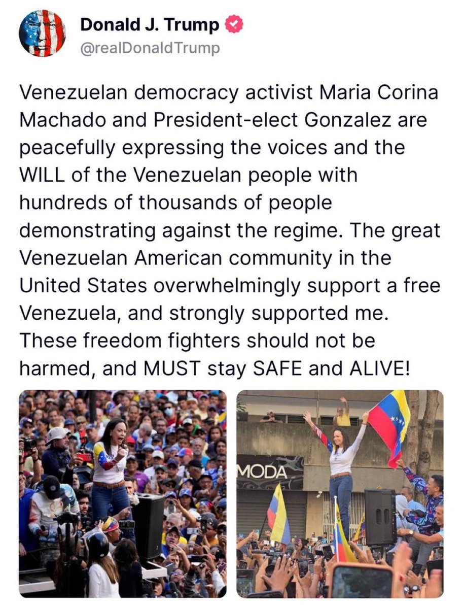 —Donald Trump speaks out in support of the Venezuelan opposition, and calls upon the 'regime' not to harm freedom fighters Maria Corina Machado &amp; President candidate Gonzalez 

Maria was arrested earlier today after a last ditch effort to prevent tomorrow's ratification.