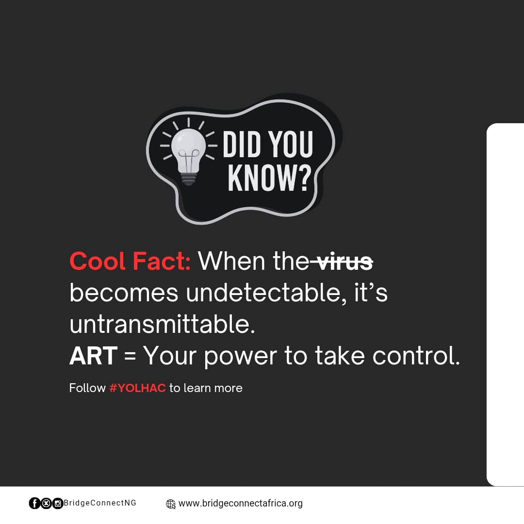 Anti-Retroviral Therapy (ART) 
 Suppresses the viruse,Boosts the immune system, prevents transmission of HIV and improves the quality of life of people living with HIV.. 
#YOLHAC
#EndHIVStigma
#EndAIDS
#USinNigeria
#PEPFARNigeria
#PEPFARsmallgrants
#BCAI