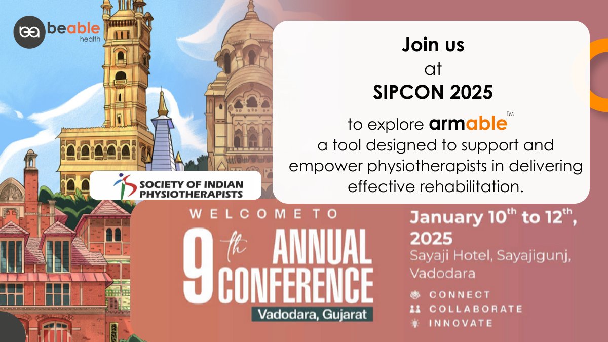 Join @BeAble Health  at SIPCON 2025!
Discover how #ArmAble empowers physiotherapists to deliver engaging and effective therapy with measurable outcomes. 
Don’t miss the chance to see it in action!
📅 Date: January 10-12, 2025
📍 Venue: Hotel Sayaji, Vadodara