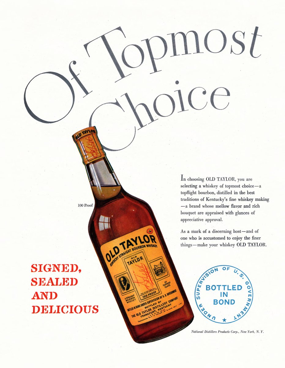 LRonLacy's tweet photo. #OTD in 1948
‘Of Topmost Choice – Signed, Sealed and Delicious’
Old Taylor Bourbon Whiskey. *Collier’s*, January 10, 1948.
#whiskey #boubon #OldTaylor #graphicdesign https://t.co/q0v0GxR9w8