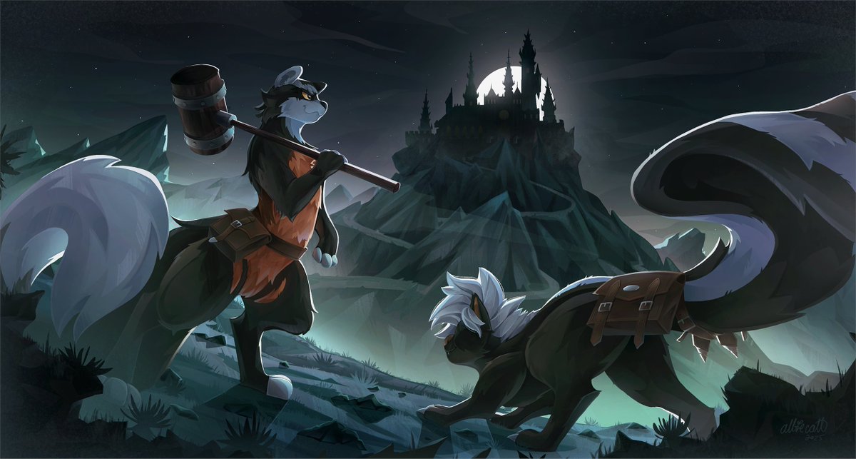 NoxiousSkunk's tweet image. Low res version of splash art drawn by @albiecatt for a short animation I&apos;m hoping to have done. It&apos;s absolutely stunning!