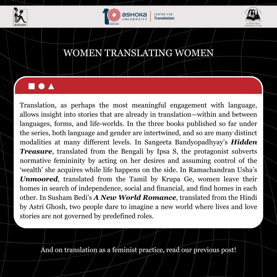 Ashoka Centre for Translation (@translationatau) on Twitter photo Three stories, three authors, three translators, and many modalities!
Here are the first three #WomenTranslatingWomen titles, published with <a href="/ZubaanBooks/">Zubaan Books</a> in 2024—have you grabbed your copies yet?
zubaanbooks.com/product-catego… Three stories, three authors, three translators, and many modalities!
Here are the first three #WomenTranslatingWomen titles, published with <a href="/ZubaanBooks/">Zubaan Books</a> in 2024—have you grabbed your copies yet?
zubaanbooks.com/product-catego…