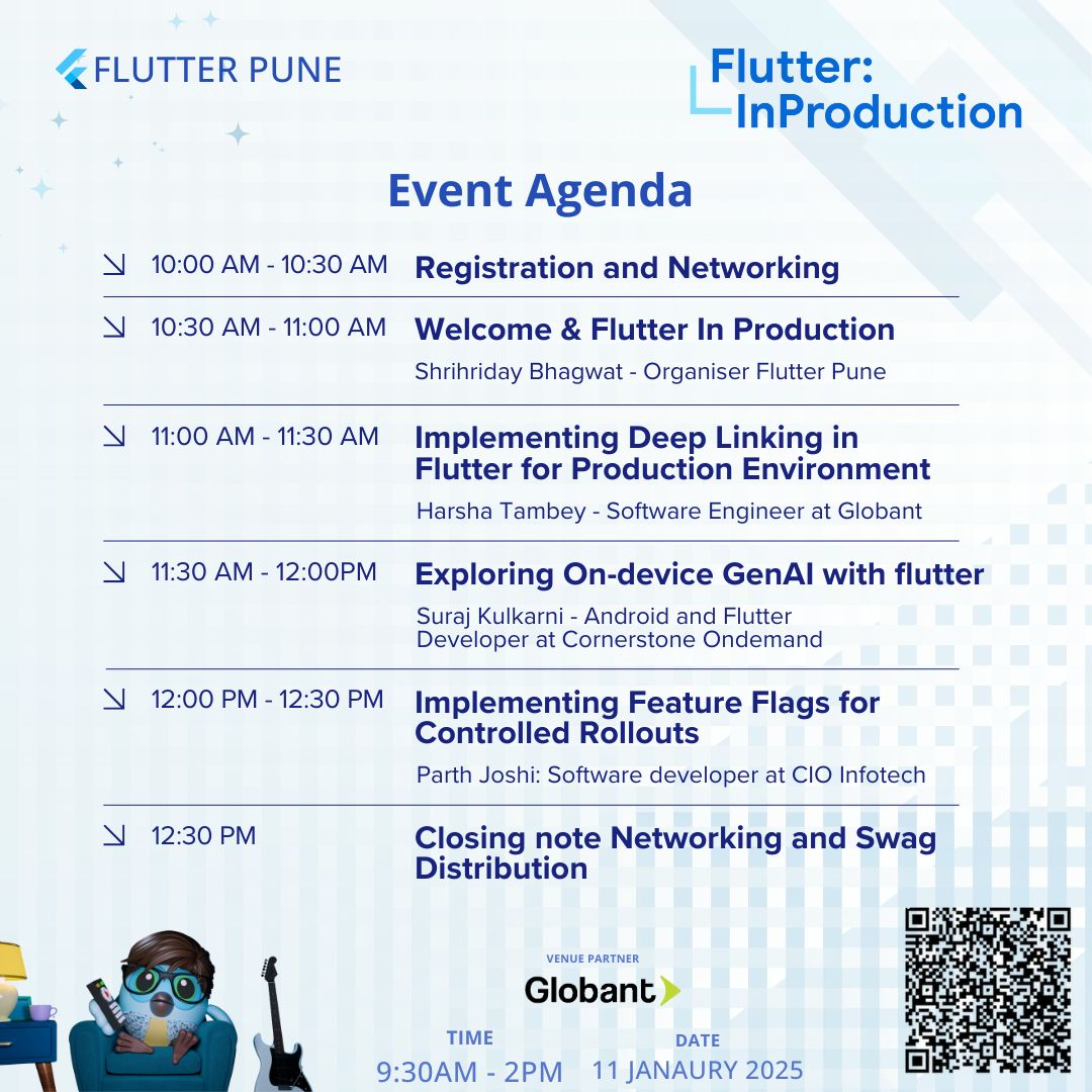 flutterpune's tweet image. Flutter In Production Agenda is out.  Registration Closing soon.  

bit.ly/3BU8qFh

@FlutterDev @Globant 
#flutter #dart #flutterInProduction