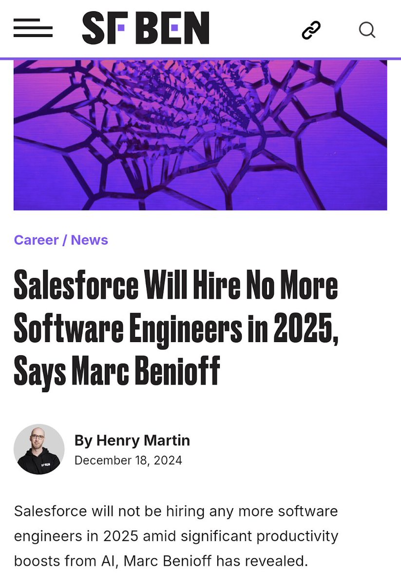 AIを活用することによって開発チームの生産性が30%も向上したSalesforce社。その結果、2025年度の開発者採用は凍結するとのこと🤔。