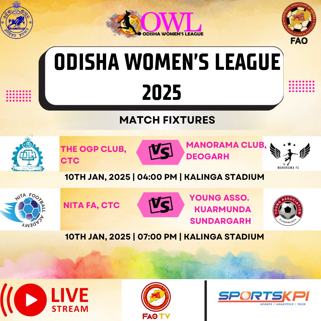 SportsKPI's tweet photo. 📅 Here’s today’s Odisha Women’s League match fixture! 

Don’t miss the live action streaming exclusively on FAO TV and SportsKPI YouTube channels. 🎥⚽

👉 Subscribe now to stay updated with all the thrilling moments! 💥
@FootballOdisha 

 #OdishaWomensLeague #FAOTV #SportsKPI https://t.co/IHCqMnDpjr
