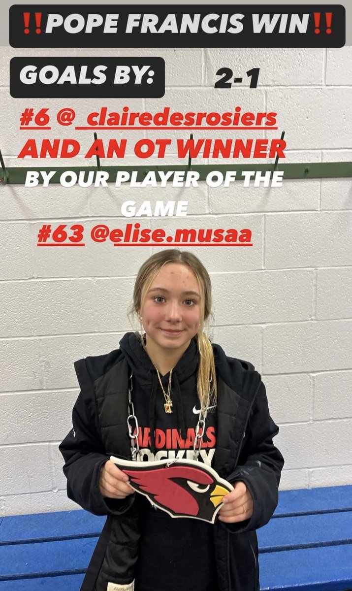 A big congrats goes out to our Lady Cardinals for the hard fought 2-1 OT win vs a tough Longmeadow squad in a rivalry game.  Kudos to Soph. Elise Musa for her OT game winner, earning our Miss Cardinal Player of the Game. 1st goal by Claire Desrosiers 🚨 &amp; Natalia Elson 🍎.
