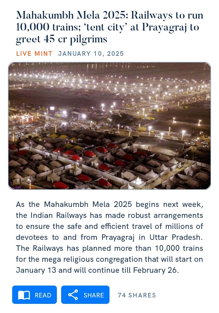NareshKAiran's tweet photo. Mahakumbh Mela 2025: Railways to run 10,000 trains; ‘tent city’ at Prayagraj to greet 45 cr pilgrims
https://t.co/NrfgEgmjjw

via NaMo App https://t.co/8ZvzAW3Nyr