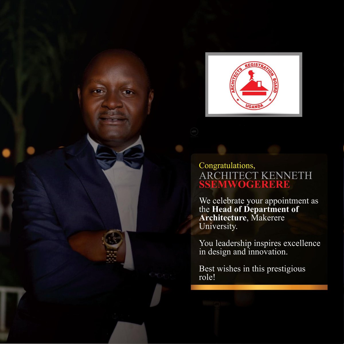 Architects Registration Board - Uganda (@arbuganda) on Twitter photo Congratulations,Architect,Dr <a href="/kennethSsemwog1/">kenneth Ssemwogerere</a>,on your appointment as Head of the Dept of Architecture at Makerere University! We are delighted to celebrate your achievement.Your leadership is sure to inspire excellence in design & innovation <a href="/MakCEDAT/">Makerere University CEDAT</a> <a href="/MakCEDAT/">Makerere University CEDAT</a> <a href="/ProfNawangwe/">Barnabas Nawangwe</a> Congratulations,Architect,Dr <a href="/kennethSsemwog1/">kenneth Ssemwogerere</a>,on your appointment as Head of the Dept of Architecture at Makerere University! We are delighted to celebrate your achievement.Your leadership is sure to inspire excellence in design & innovation <a href="/MakCEDAT/">Makerere University CEDAT</a> <a href="/MakCEDAT/">Makerere University CEDAT</a> <a href="/ProfNawangwe/">Barnabas Nawangwe</a>