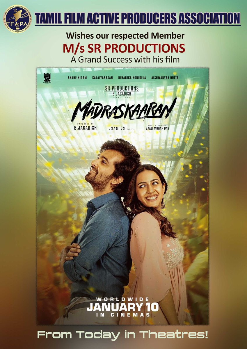 Tamil Film Active Producers Association (@tfapatn) on Twitter photo Best wishes to Team #Madraskaaran
Produced by:<a href="/SR_PRO_OFFL/">srproductions_official</a>
<a href="/SamCSmusic/">𝐒𝐀𝐌 𝐂 𝐒</a> <a href="/vaali_mohandas/">வாலி மோகன் தாஸ்</a>
<a href="/ShaneNigam1/">Shane Nigam</a> <a href="/KalaiActor/">Kalaiyarasan</a> <a href="/IamNiharikaK/">Niharika Konidela</a> <a href="/Aishwaryadutta6/">Aishwaryaa dutta</a>
#Karunas <a href="/vaali_mohandas/">வாலி மோகன் தாஸ்</a> #actor_sharan <a href="/prasannadop/">Prasanna s kumar</a> 💐 Best wishes to Team #Madraskaaran
Produced by:<a href="/SR_PRO_OFFL/">srproductions_official</a>
<a href="/SamCSmusic/">𝐒𝐀𝐌 𝐂 𝐒</a> <a href="/vaali_mohandas/">வாலி மோகன் தாஸ்</a>
<a href="/ShaneNigam1/">Shane Nigam</a> <a href="/KalaiActor/">Kalaiyarasan</a> <a href="/IamNiharikaK/">Niharika Konidela</a> <a href="/Aishwaryadutta6/">Aishwaryaa dutta</a>
#Karunas <a href="/vaali_mohandas/">வாலி மோகன் தாஸ்</a> #actor_sharan <a href="/prasannadop/">Prasanna s kumar</a> 💐