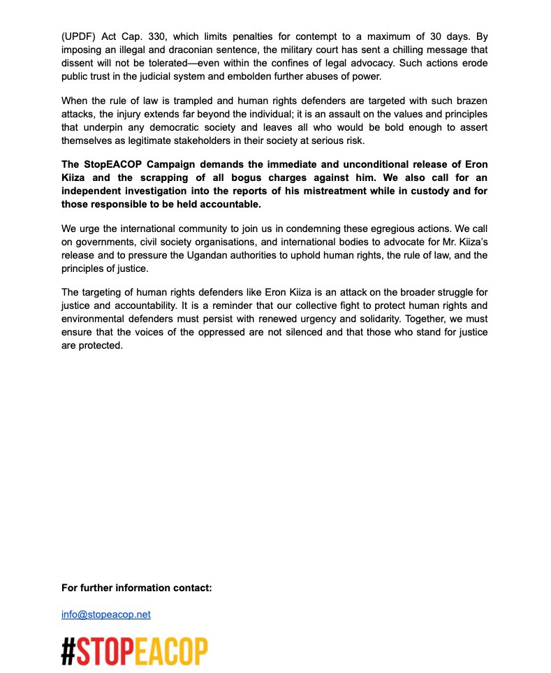 The StopEACOP Campaign condemns the recent arrest, mistreatment, and unlawful imprisonment of Ugandan human rights lawyer Eron Kiiza. This is a serious violation of justice, the rule of law, and human rights in Uganda. Read our statement attached. #StopEACOP!