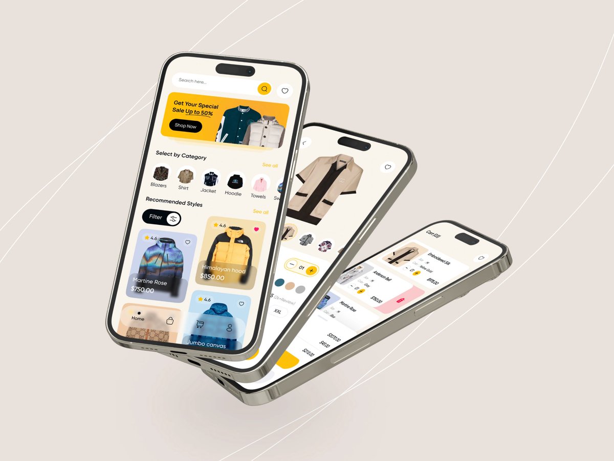 sitexflow's tweet image. Seamlessly shop in style! 🛒✨ Here&apos;s a sleek and modern UI design for an e-commerce app, featuring a smooth cart interface, detailed product pages, and easy navigation. Perfect for enhancing the online shopping experience! #UIDesign #EcommerceApp #DesignInspiration #sitexflow