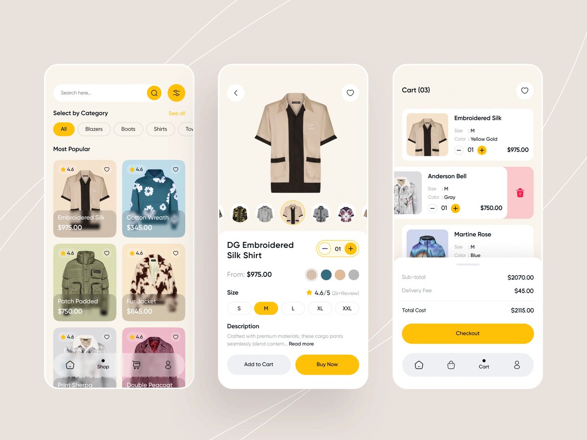 sitexflow's tweet image. Seamlessly shop in style! 🛒✨ Here&apos;s a sleek and modern UI design for an e-commerce app, featuring a smooth cart interface, detailed product pages, and easy navigation. Perfect for enhancing the online shopping experience! #UIDesign #EcommerceApp #DesignInspiration #sitexflow