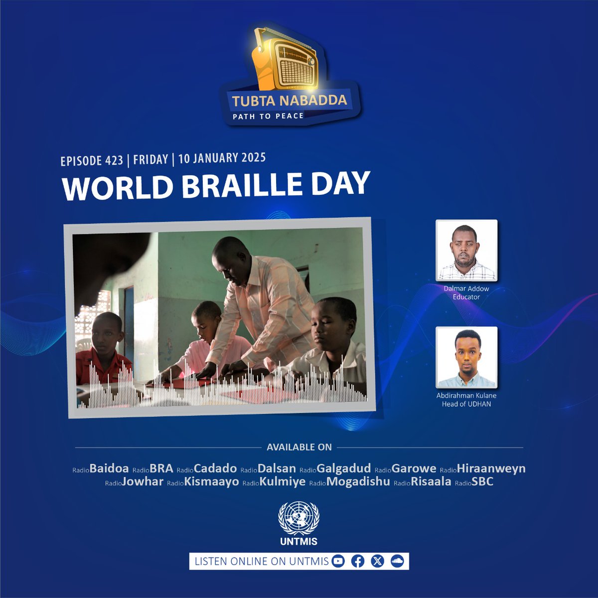 UNTMIS (@untmis_) on Twitter photo This week on #TubtaNabadda: With #WorldBrailleDay marked this month, we have a wide-ranging discussion with <a href="/ururrka_UDHAN/">Somali Visually Impaired Youth Organization</a>'s Abdirahman Kulane and educator Dalmar Addow on the situation of visually-impaired people in #Somalia - their challenges and their prospects, and what is This week on #TubtaNabadda: With #WorldBrailleDay marked this month, we have a wide-ranging discussion with <a href="/ururrka_UDHAN/">Somali Visually Impaired Youth Organization</a>'s Abdirahman Kulane and educator Dalmar Addow on the situation of visually-impaired people in #Somalia - their challenges and their prospects, and what is