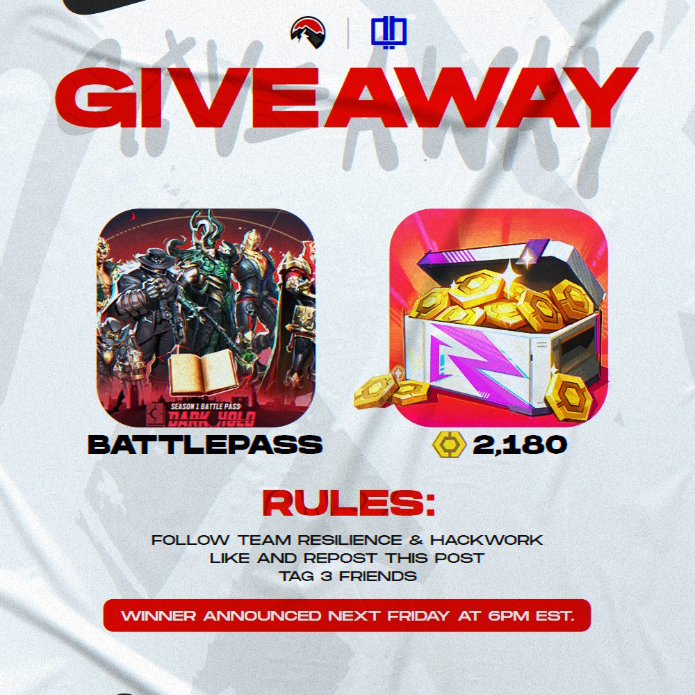 Team Resilience (@teamresorg) on Twitter photo MARVEL RIVALS GIVEAWAY W/ <a href="/HackWorkNet/">HackWork</a>!🛡️
We're giving away:
- <a href="/MarvelRivals/">Marvel Rivals</a> Season 1 Battle Pass
- AND 2,180 Lattice.
Rules:
- Follow <a href="/teamresorg/">Team Resilience</a> AND <a href="/HackWorkNet/">HackWork</a>
- Like and rt this post
- Tag 3 friends🙋♂️
Winner will be announced on Friday, January 17th, 2025 at 6PM EST! MARVEL RIVALS GIVEAWAY W/ <a href="/HackWorkNet/">HackWork</a>!🛡️
We're giving away:
- <a href="/MarvelRivals/">Marvel Rivals</a> Season 1 Battle Pass
- AND 2,180 Lattice.
Rules:
- Follow <a href="/teamresorg/">Team Resilience</a> AND <a href="/HackWorkNet/">HackWork</a>
- Like and rt this post
- Tag 3 friends🙋♂️
Winner will be announced on Friday, January 17th, 2025 at 6PM EST!
