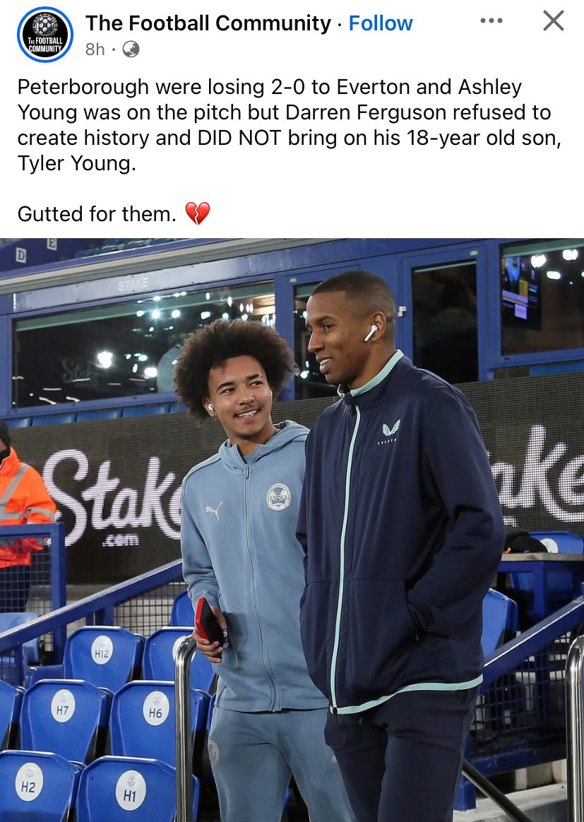 I hate these football banter pages. 

Everton scored the 2nd in the 90+8 minute

So they were 1-0 down against an Everton team who have not been good lately. 

Manager has to do what’s best for the team and then neutrals comment ‘oh he could have played his son’