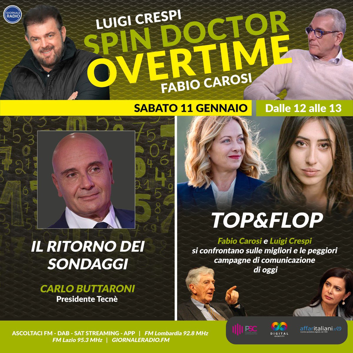 doppio appuntamento imperdibile!
17 Venerdì 10 gennaio, dalle 13:00 alle 15:00, su Spin Doctor, Luigi Crespi e Fabio Carosi vi guideranno tra i grandi temi dell'attualità con ospiti d'eccezione:
l