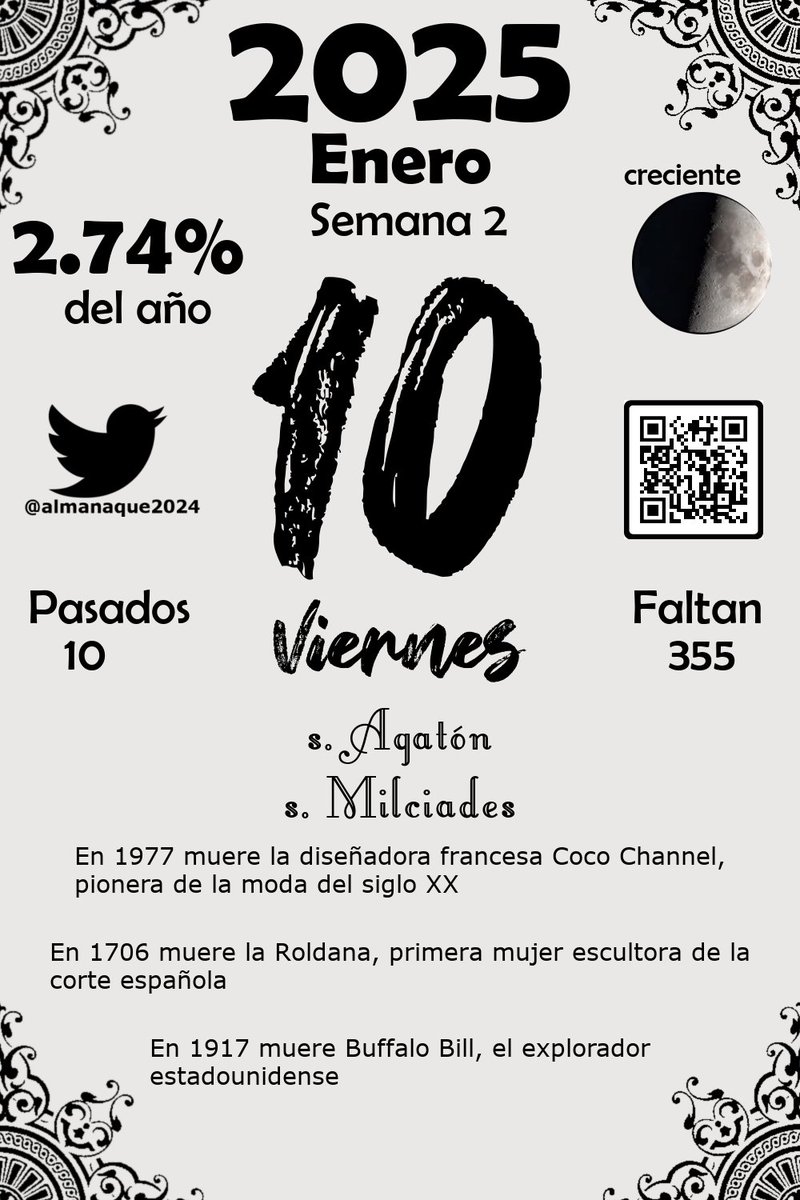 almanaque2024's tweet photo. Almanaque del Viernes 10 de Enero, 2025
#FelizViernes #BuenosDias #Almanaque #Calendario #Diario #Enero #10deEnero #Viernes #Viernes10 https://t.co/OdtqpgSgIF