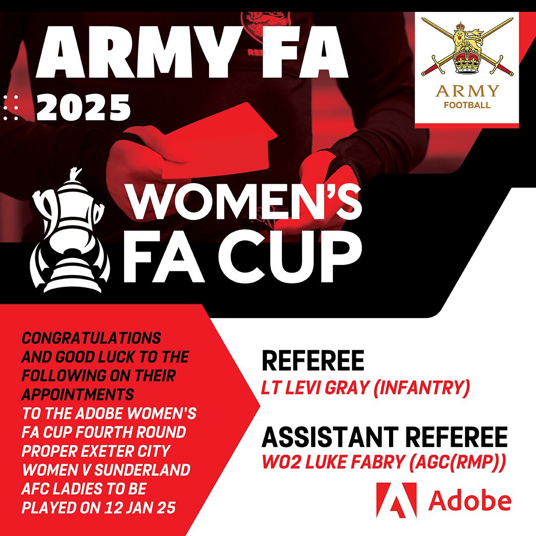 Armyfa1888's tweet photo. Congratulations to our Officials appointed to this weekend's Women's FA Cup fixture. 

Good luck for Sunday https://t.co/Houy9md2Dj