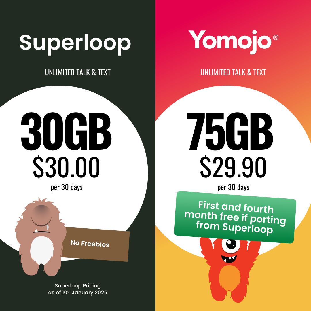 ThisIsYomojo's tweet photo. Looking to switch from Superloop? Join Yomojo and score extra data plus 1st &amp; 4th months FREE! 🌟 Not a Superloop user? Use “JimsSims” for a FREE first month! Offer wraps up 31 Jan 2025, for Superloop ports via Exetel. 📅 #SwitchSmart #YomojoDeal https://t.co/TKFrUMpTA7