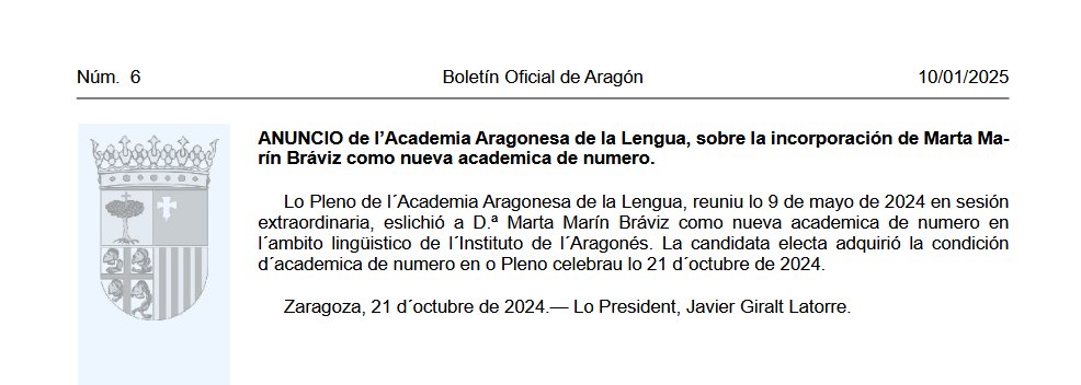 Hue lo BOA publica l'anuncio sobre la incorporación de Marta Marín Bráviz como academica de numero de l'AAL.
boa.aragon.es/cgi-bin/EBOA/B…