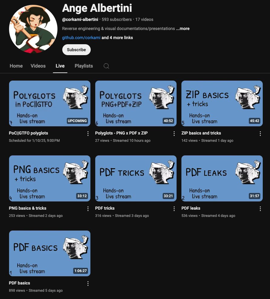 New year resolution #2:
✅ try streaming.

Week #1:
From PDF basics to PoC||GTFO polyglots.

Thanks to everyone for the support!