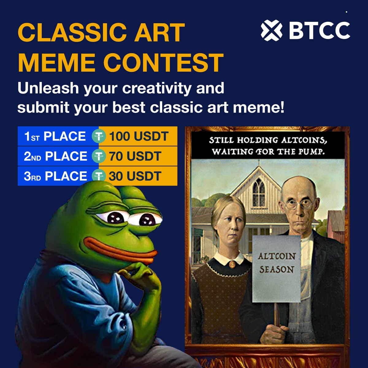BTCCexchange's tweet image. We're looking for the funniest and most creative class art memes out there 😎

Enter our contest ⤵
🤪 Follow @BTCCexchange 
🤪 Repost with your classic art meme (crypto related, of course!) + #BTCCexchange
🤪 Tag 3 friends!

We'll select the best ones on Jan 16!
