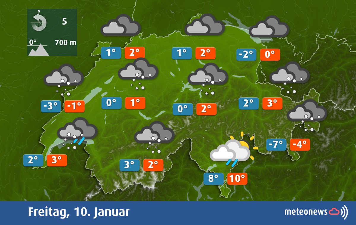 Hinter der gestrigen Kaltfront liegen wir nun im Bereich deutlich kälterer Luft. Tagsüber beschäftigen uns die Wolken einer #Warmfront, aus Westen breitet sich #Schnee aus. Ganz im Westen steigt die Schneefallgrenze an, am Nordrand bleibt es trocken. meteonews.ch (km)