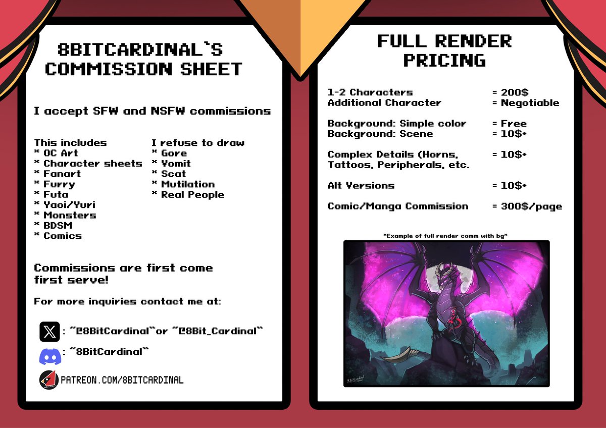 8Bit_Cardinal's tweet image. [ Commission Sheet &amp;amp; ToS ] 

Update: January 2025

I now also accept doing
- Manga/Comic commissions (paid per page)
- Character Sheets