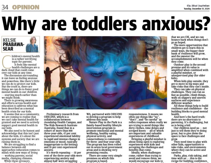 The Kids Research Institute Australia (@thekids_au) on Twitter photo Nearly half of three-year-olds struggle with emotional regulation and over a third experience #anxiety, finds research by The Kids Research Institute Australia's <a href="/ORIGINSProject_/">The ORIGINS Project</a>.
Read more from <a href="/natureplaywa/">natureplaywa</a> WA CEO Dr Kelsie Prabawa-Sear: natureplaywa.org.au/fostering-bett…
& Nearly half of three-year-olds struggle with emotional regulation and over a third experience #anxiety, finds research by The Kids Research Institute Australia's <a href="/ORIGINSProject_/">The ORIGINS Project</a>.
Read more from <a href="/natureplaywa/">natureplaywa</a> WA CEO Dr Kelsie Prabawa-Sear: natureplaywa.org.au/fostering-bett…
&