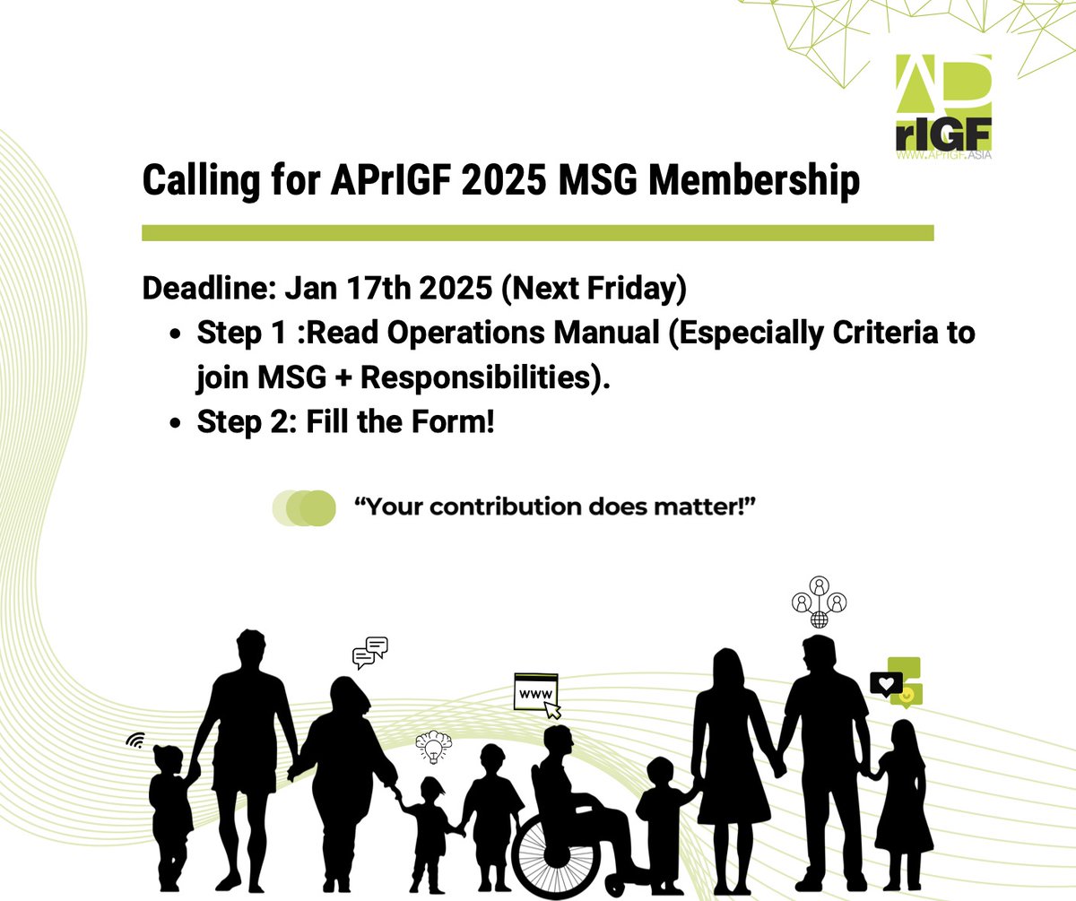 📣Calling for APrIGF 2025 MSG membership
🗓Deadline: Jan 17th (next Fri)

🔸Please read Operations Manual aprigf.asia/documents/APrI…
🔸Please fill in this form forms.for.asia/aprigf-2025-me….

#APrIGF #asiapacific #InternetGovernance #NetGov #MSG #Membership