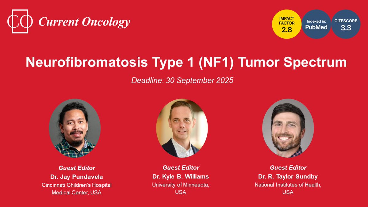 🎉New #SpecialIssue "Neurofibromatosis Type 1 (NF1) Tumor Spectrum" led by Dr. Jay Pundavela
<a href="/jfrpundavela/">Jay Pundavela PhD</a>, Dr. Kyle B. Williams <a href="/kylenago/">Kyle Williams, PhD</a> and Dr. R. Taylor Sundby <a href="/rtsundby/">Taylor Sundby, MD 🧬</a> is accepting submissions!
⏰ Deadline: 30 September 2025
🔍 More info here: mdpi.com/journal/curron…