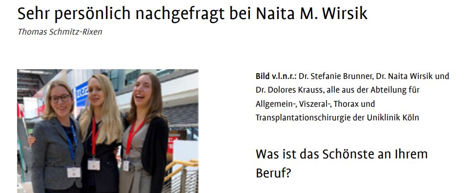 Passion Chirurgie: Persönlich nachgefragt bei Dr. Naita Wirsik, Viszeralchirurgin an der <a href="/UKKoeln/">Uniklinik Köln</a> ,Clinician Scientist. Was für sie das Schönste an Ihrem Beruf ist, welche persönlichen Visionen sie gerne umsetzen lesen Sie hier: bdc.de/sehr-persoenli…