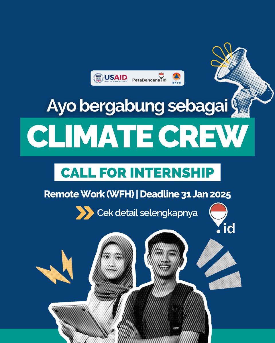 petabencana's tweet photo. CALL FOR INTERNSHIP | Be Part of the #ClimateCrew 🌍
🔥 Punya passion di adaptasi perubahan iklim?
🎨 Kreatif bikin konten yang bisa viral?
📱 Update terus sama tren sosial media?
💪 Karir di adaptasi iklim sambil bangun ketangguhan komunitas?
#GreenJobs #ClimateCareers https://t.co/SLFaV7UgJc