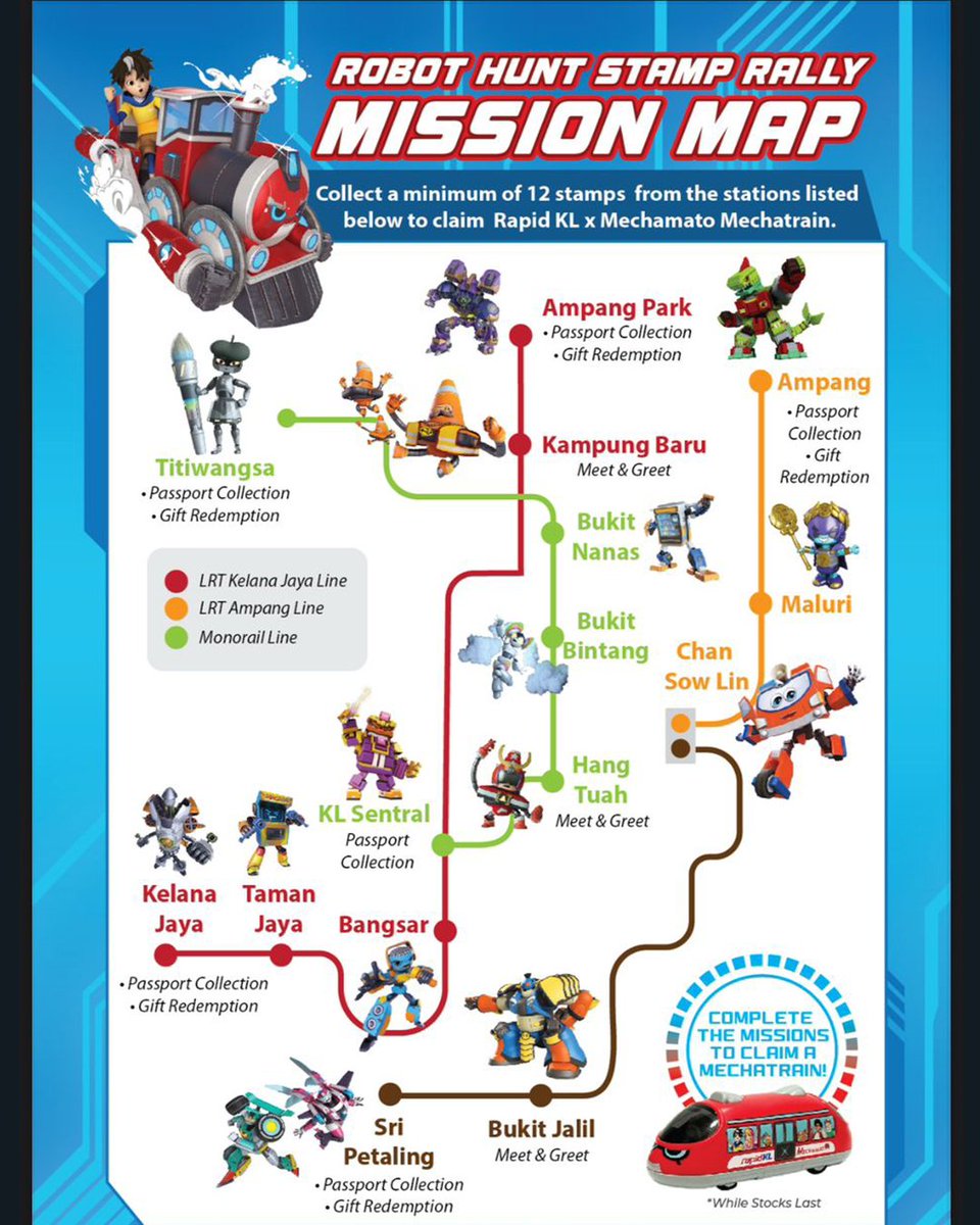 Kumpulkan semua stamp robot jahat di stesen-stesen di bawah bermula dari 7 Januari sehingga 31 Mei!

p/s : Kalau complete semua stamp akan dapat 1 mini MechaTrain🔥🔥