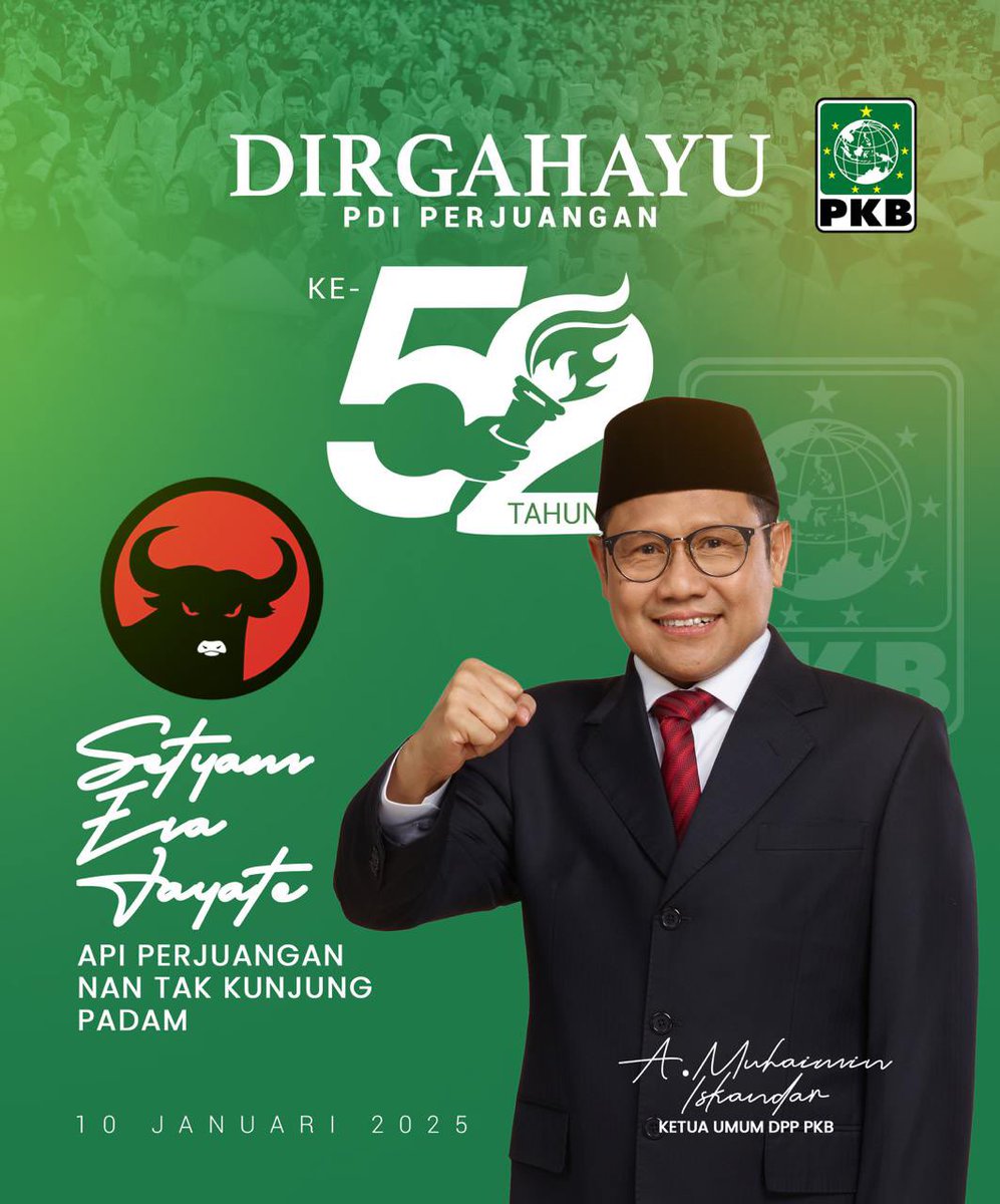 DPP_PKB's tweet image. Dirgahayu ke-52 @PDI_Perjuangan!

Semoga terus menjadi penjaga api perjuangan demi keadilan dan kesejahteraan rakyat. Bersama kita kuat, bersama untuk Indonesia 🇮🇩

#HUTPDIP52