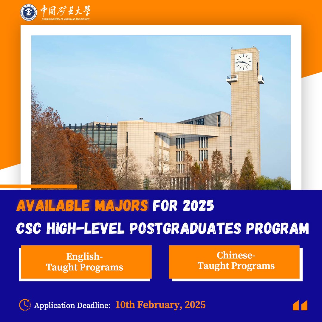 StudyinCUMT's tweet photo. Ready to advance your academic journey with the 2025 CSC High-Level Postgraduates Program? #CUMT offers a wide range of programs. Swipe through to find the ideal program for you and embark on a fantastic educational journey!
#PostgraduatePrograms #CSC #Scholarship #StudyInCUMT https://t.co/QZIaHXtJfd