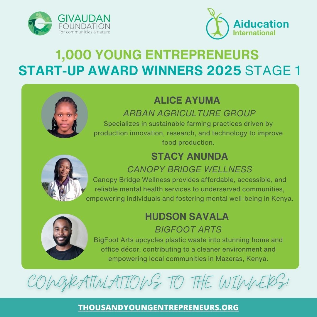 Aiducation's tweet image. We are delighted to announce the 5 winners of the Stage 1 Startup Fund Award in the 1,000 Young Entrepreneurs Program from #Kenya!

Huge thanks to @Givaudan for sponsoring and our jury for their support. Here's to empowering innovators in 2025! 🚀
#Entrepreneurship
